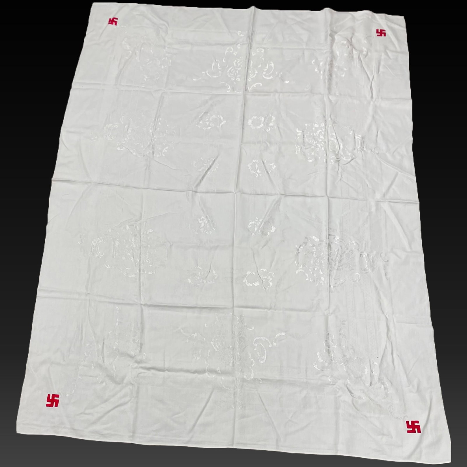 WWII GERMAN NAZI TABLE CLOTH WITH SWASTIKA: Description: WWII GERMAN NAZI TABLE CLOTH WITH SWASTIKA. Measurement approximate: 51 x 69 Inches. Material: Fabric.