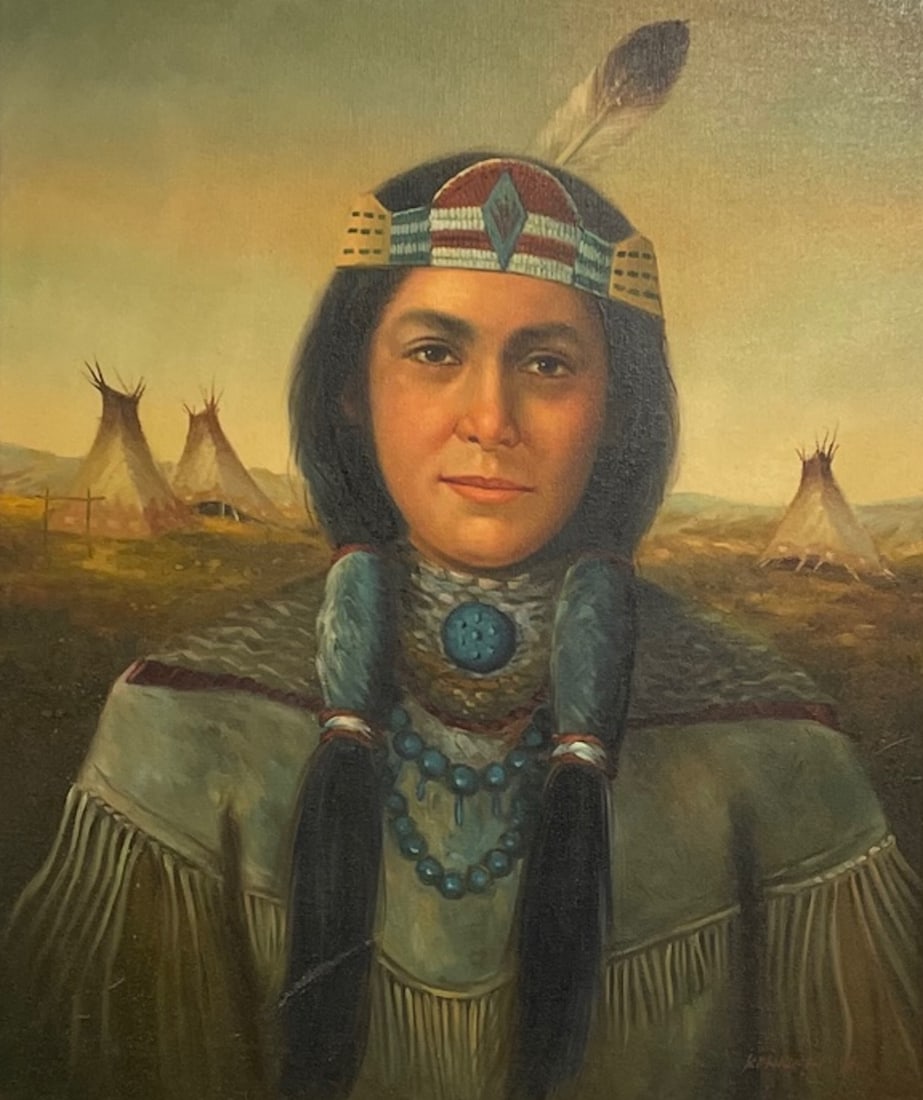 Signed Kenneth Su Native American Indian Girl Oil Painting (1 of 5)