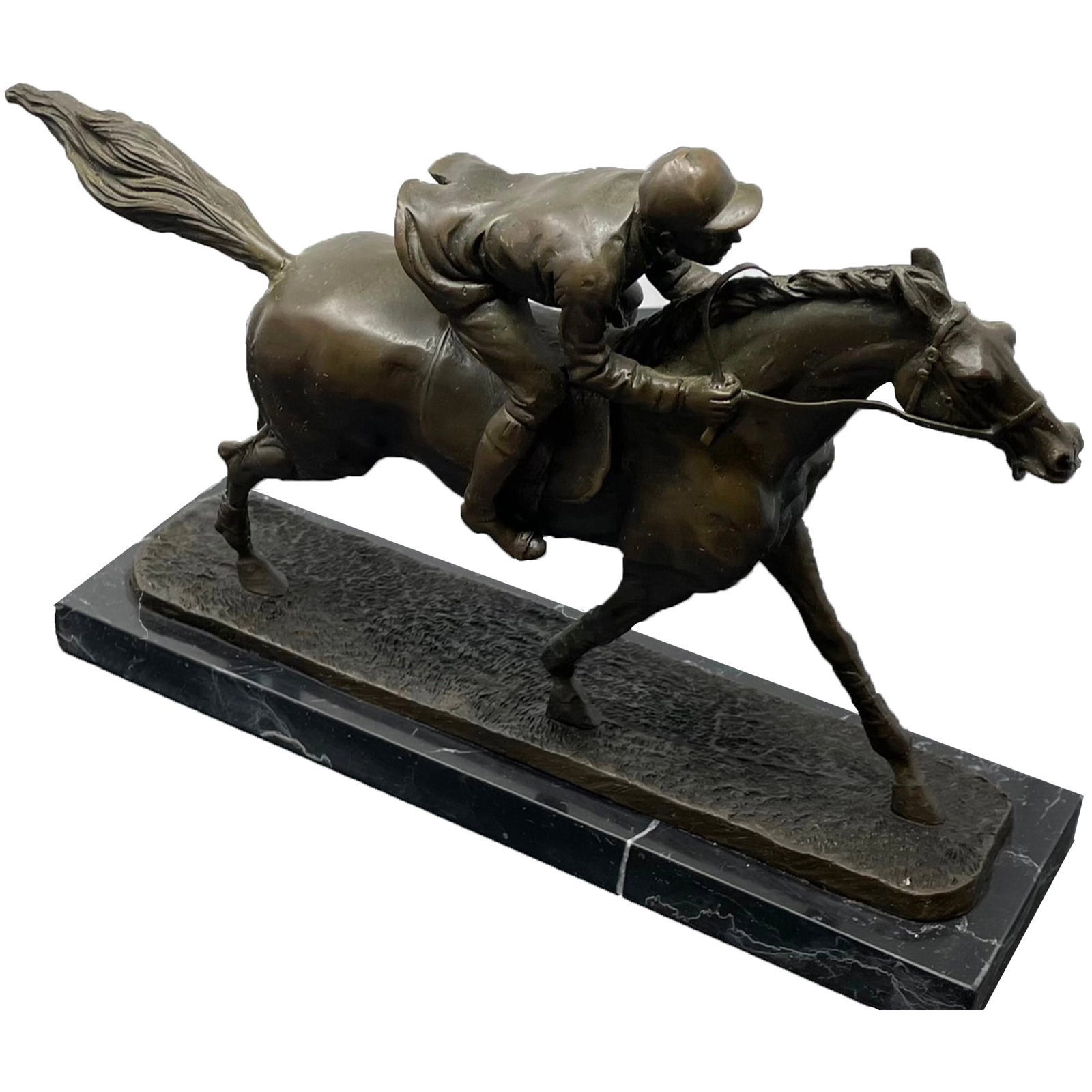 Bronze horse thoroughbred fan and jockey figurine 11 X 8: Description: Bronze horse thoroughbred fan and jockey figurine. Measurement approximate: 11 L X 8.5 H Inches. Material: Bronze