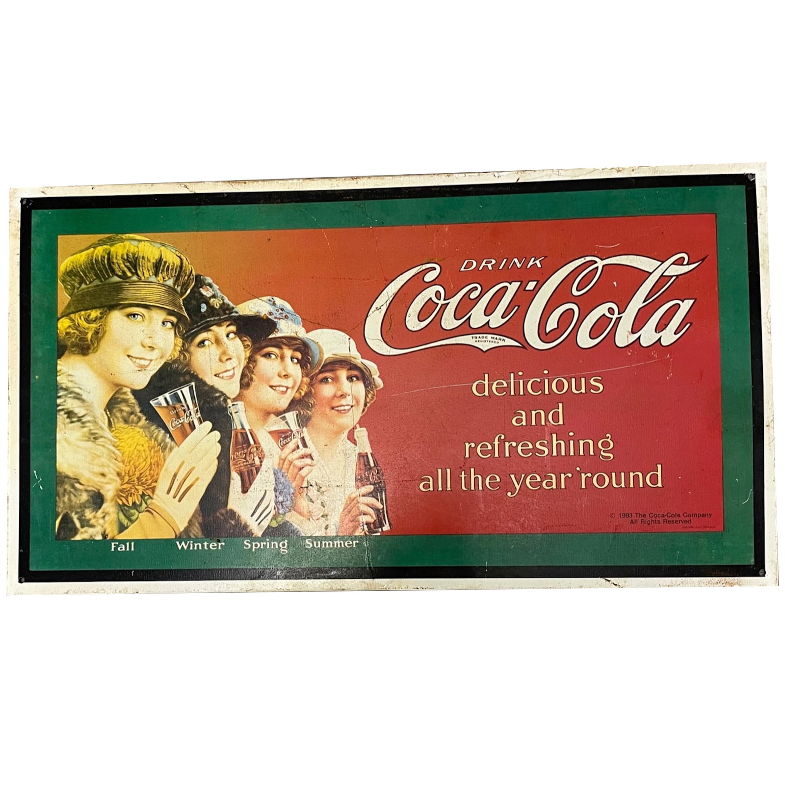 Coca-Cola Advertising Sign: Description: Coca-Cola Advertising Sign. Measures approximately: 17 .5 X 9.5 Inches. Material : Metal.