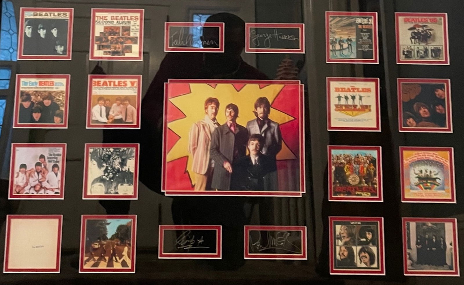 The Beatles/ ALBUM MASTERPIECE COLLAGE Lithograph, Signed: Description: he Beatles/ ALBUM MASTERPIECE COLLAGE Lithograph, Signed. Measurement approximate: 34"w x 22"h. Material: Paper