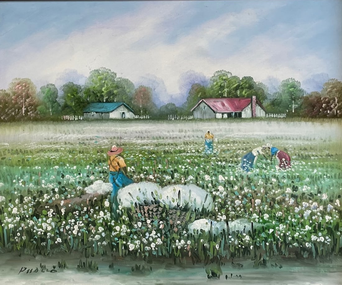 Signed Black Folk Art "Picking Cotton" Oil on Canvas (1 of 5)