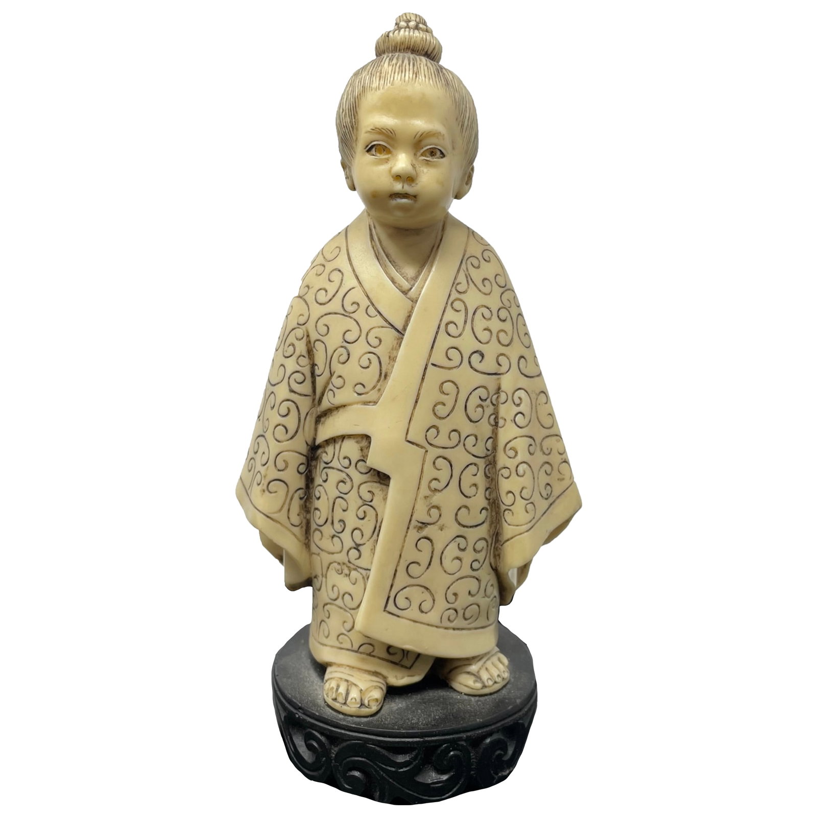 20th C. CHINESE/ JAPANESE MAN CARVED FAUX IVORITE FIGURINE: Description: 20TH C. CHINESE/ JAPANESE MAN CARVED FAUX IVORITE FIGURINE. Measurement approximate: 7 H Inches.