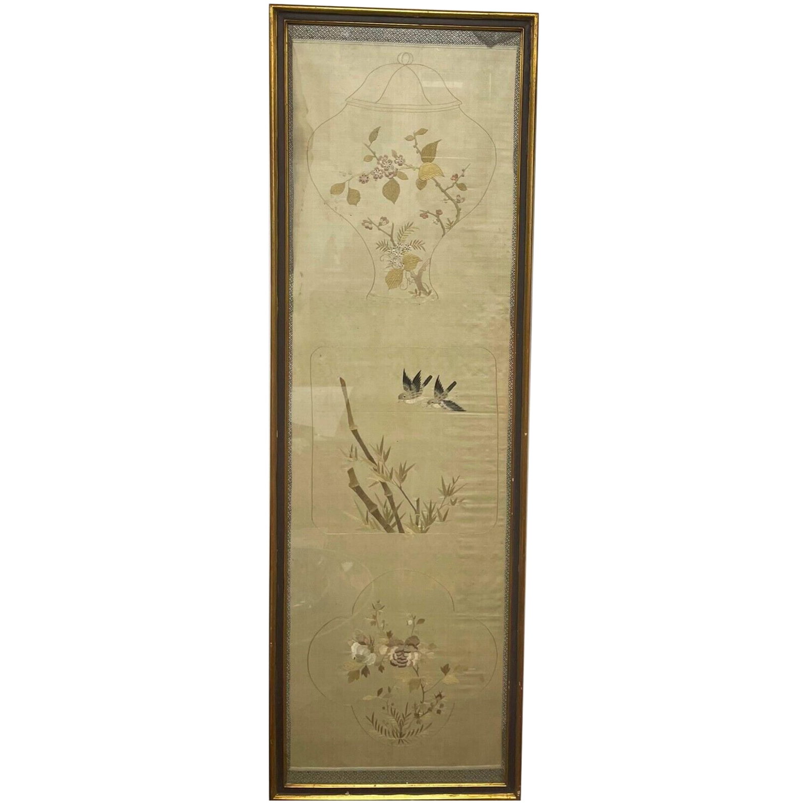 Chinese embroidery on silk, Qing dynasty: Description: Chinese embroidery on silk, Qing dynasty; Material: Silk fabric; Measurement approximate: 50 x 16 Inches; Condition: Good