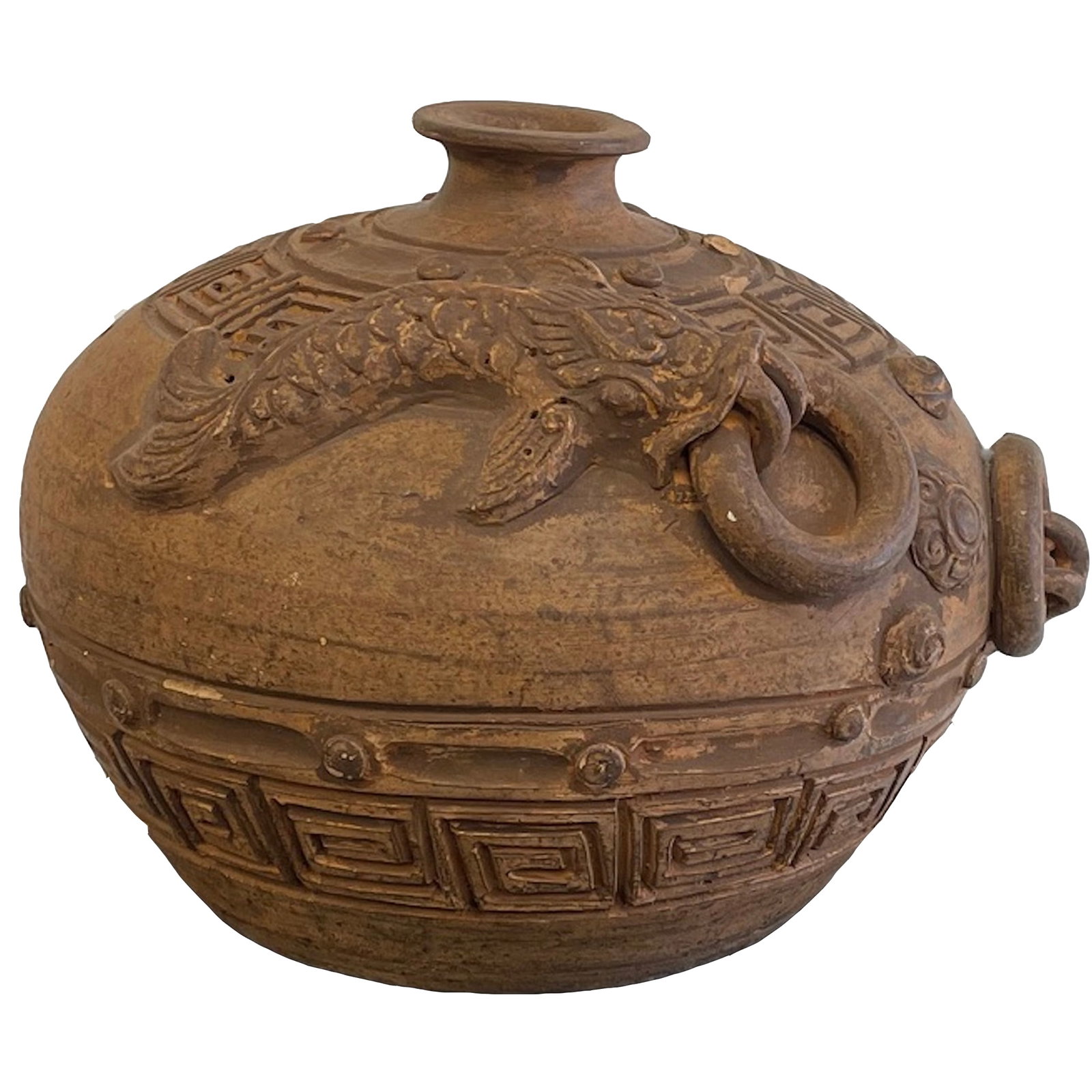 Old Chinese Round Terra Cotta Pot: Description: Old Chinese Round Terra Cotta Pot; Material: Terra Cotta; Measurement Aprox.: 10"d x 9"h;