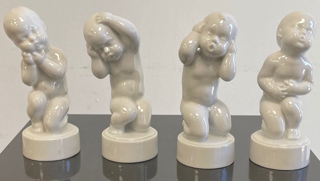 Four Royal Copenhagen Baby Boy and Girl Porcelain Figurines: Description: Four Royal Copenhagen Baby Boy and Girl Porcelain Figurines; Material: Porcelain; Measurement Aprox.: 4.5"h x 2.5”w each;