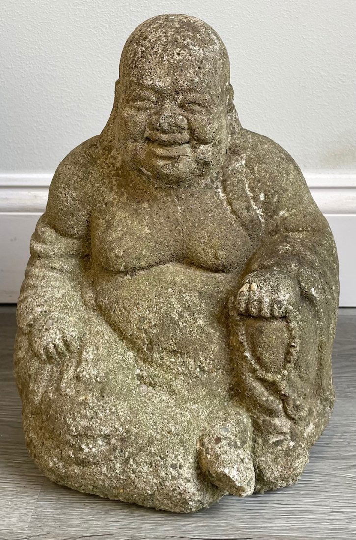 OLD Robust Outdoor Laughing Buddha: OLD Robust Outdoor Laughing Buddha. Material: Concrete cement. Measurement approximate: 14" H