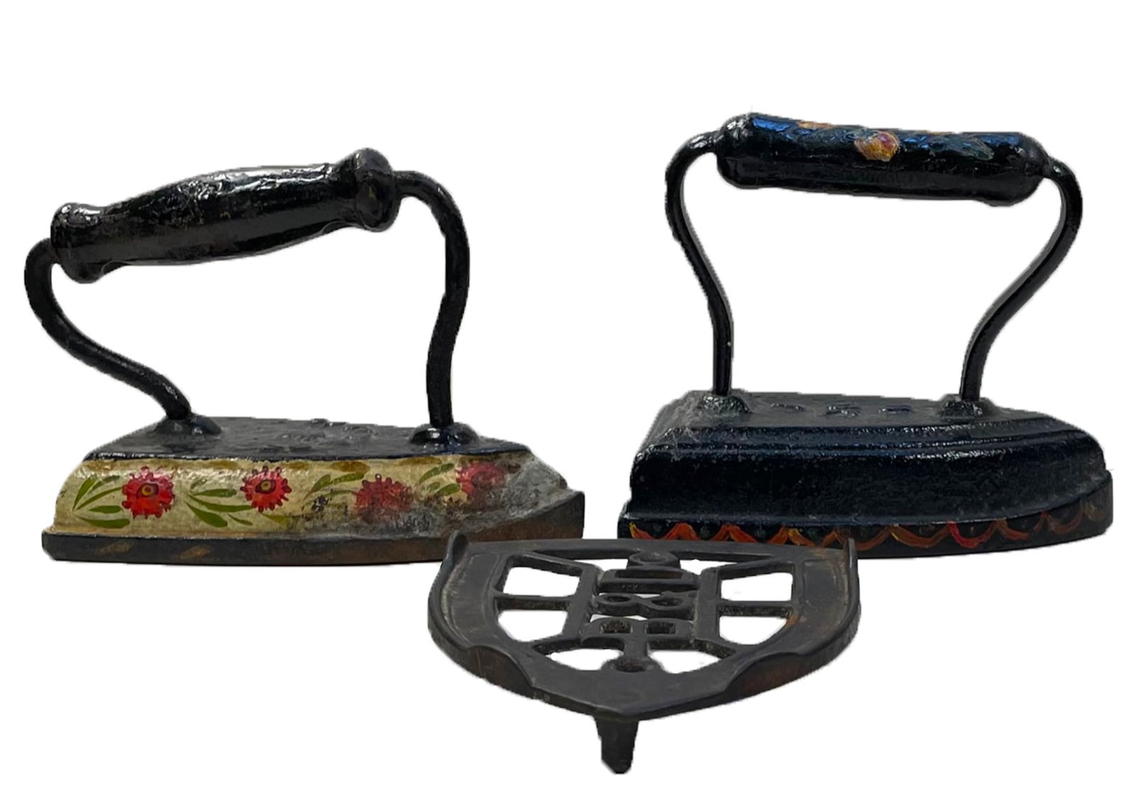 Two Antique Cast Iron Sad Flat Iron w/ B and D Footed Trivet: Description: Two antique cast iron Sad Flat iron with / B and D footed trivet; Both Sad irons are marked / See images; Material: Iron; Measurement approximate: 6.5 x 5 (Inches).