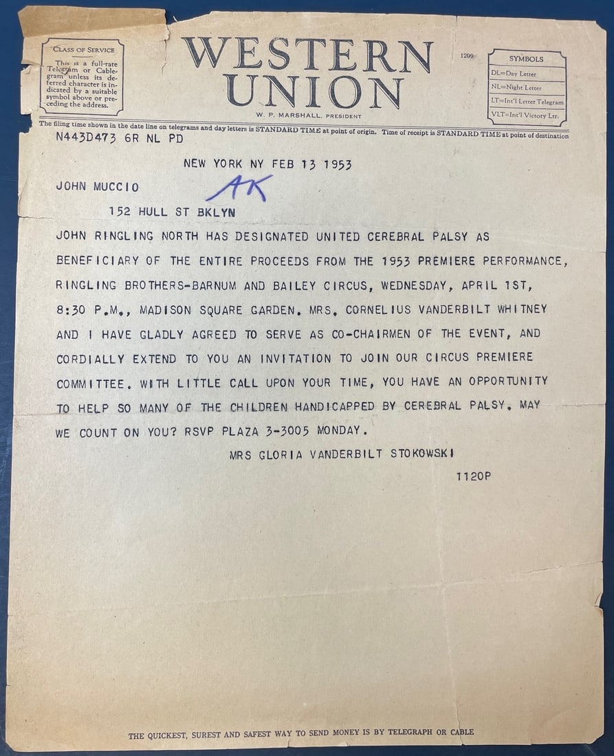 Gloria Vanderbilt Stokowska Western Union telegram to John Muccio/ Feb. 13th 1953 (1 of 3)
