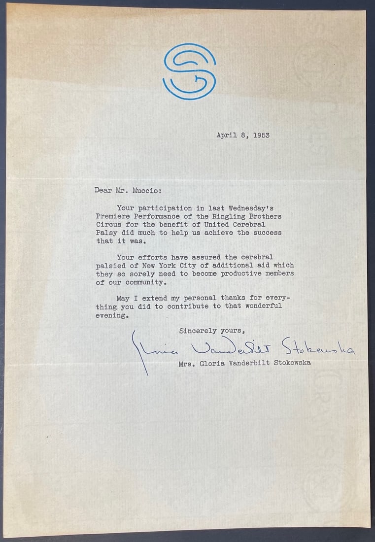 Signed Gloria Vanderbilt Stokowska letter to John Muccio/ April 8th 1953 (1 of 3)
