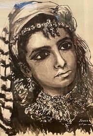 Signed Jocelyne Amiel Watercolor Lady Portrait