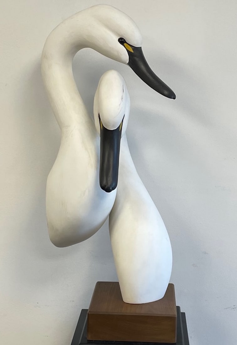 Ann Sears hand carved Loving Pair Swan Sculpture 28 X 9: Description: Ann Sears hand carved Loving Pair Swan Sculpture Measurement approximate: 28 H X 9 W Inches. Material: Wood