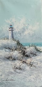 Signed Gordon Oil Painting A Lighthouse 24 x12
