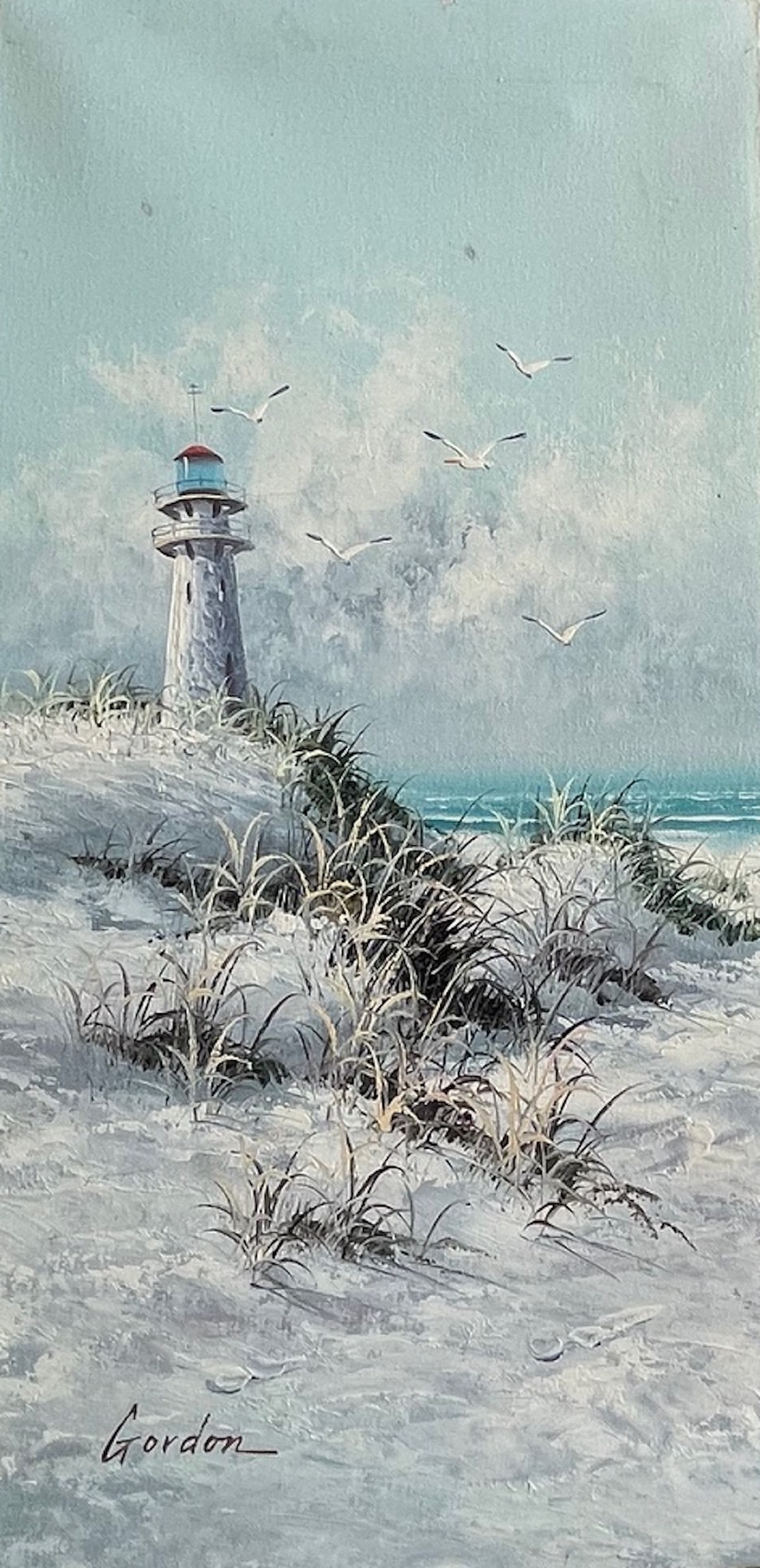 Signed Gordon Oil Painting A Lighthouse 24 x12: Description: Signed Gordon Oil Painting A Lighthouse; Medium: Oil on Canvas; Measurement Aprox.: 24 x 12 (Inches).