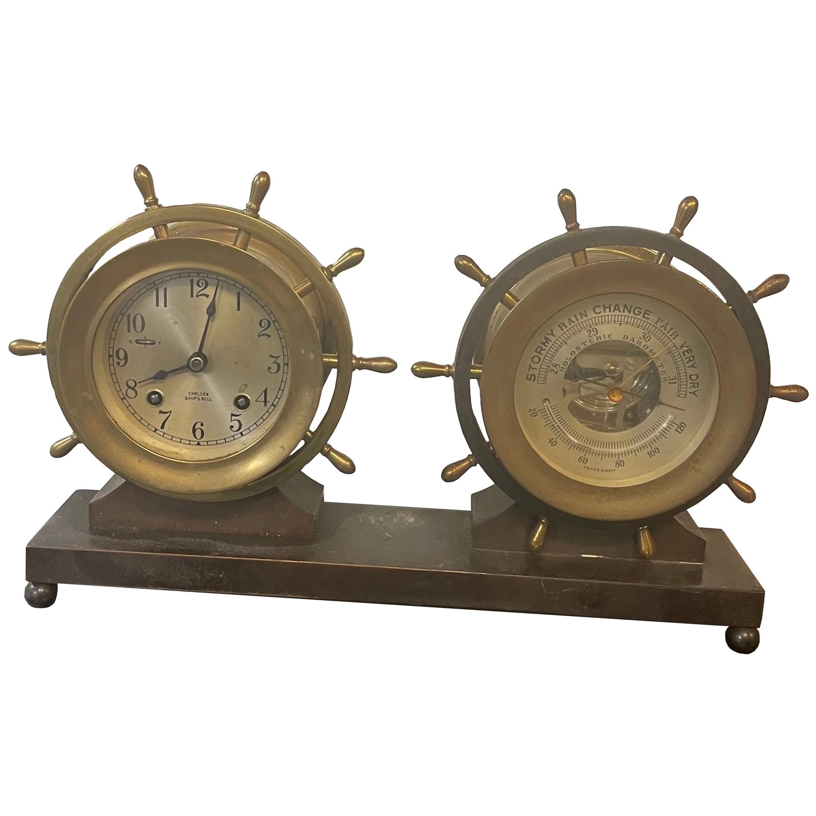 Antique Chelsea & Co. Ship Bells clock with Barometer: Description: Antique Chelsea & Co. Ship Bells clock with barometer