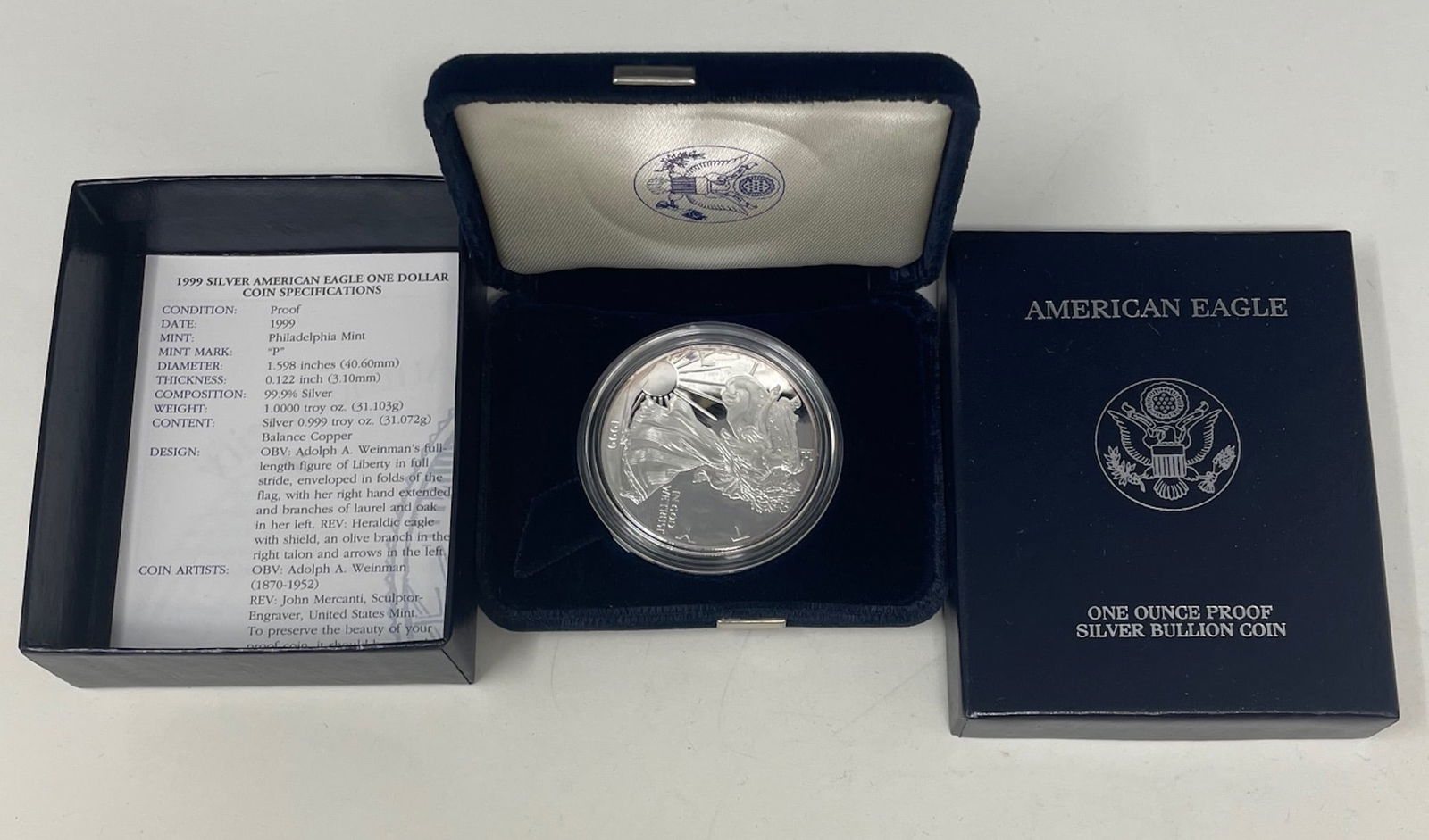 1999 Silver American America Eagle One Dollar Coin Philadelphia Mint w/ COA (1 of 5)