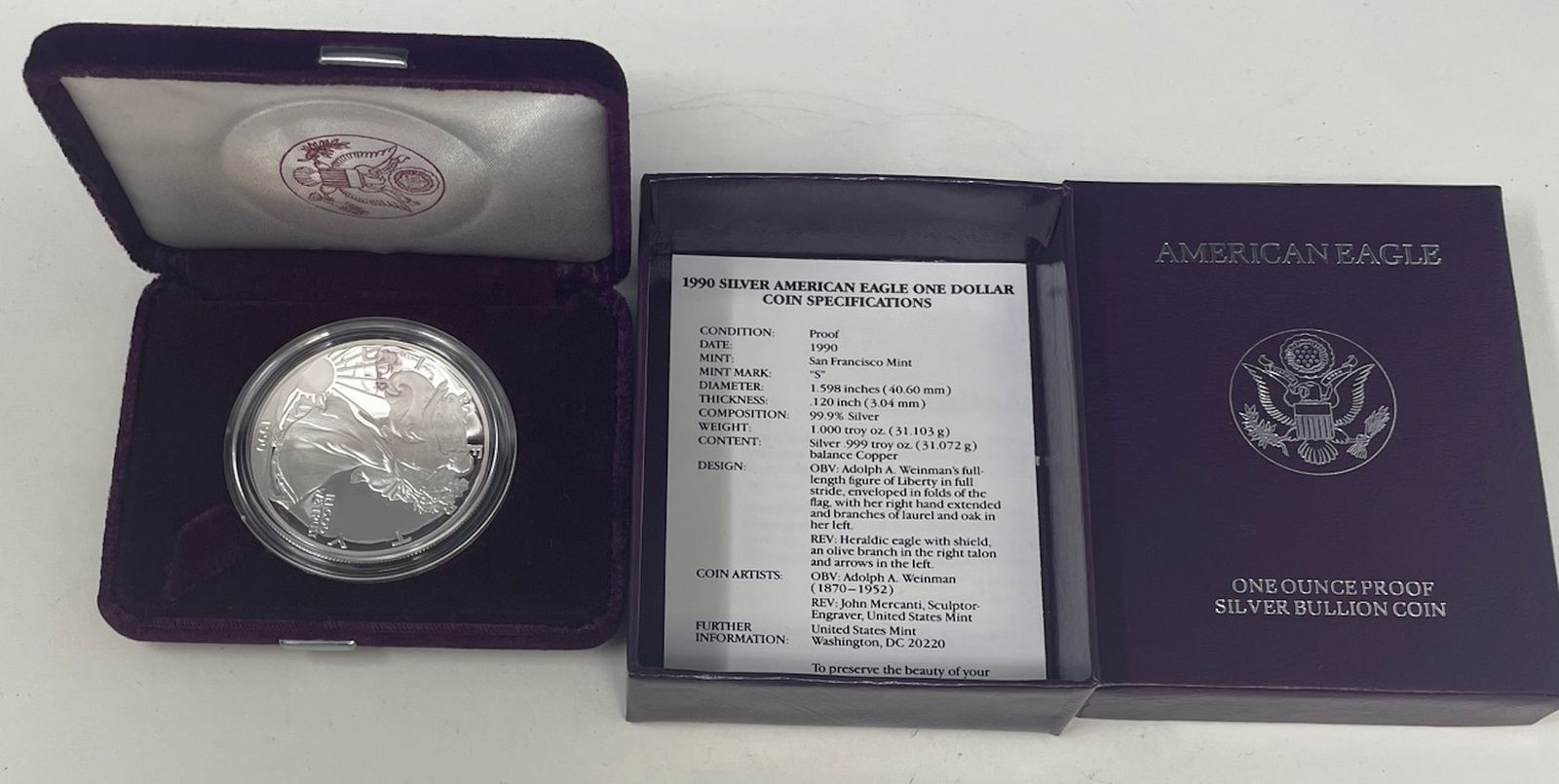 American Eagle One Ounce Proof Silver Bullion Coin 1990 w/ COA (1 of 5)