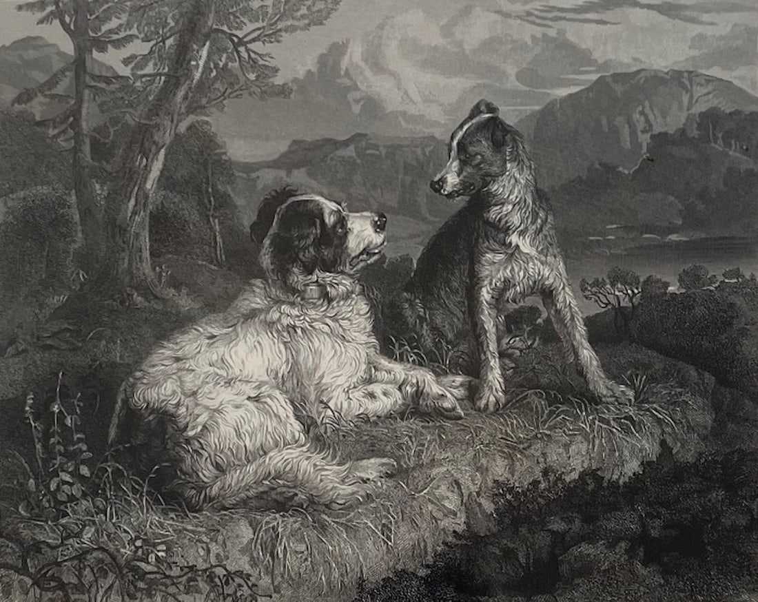 Edward Landseer 1828 Lithograph "Two Dogs on a Grassy Bank", Print by Benjamin Phelps Gibson (1 of 5)