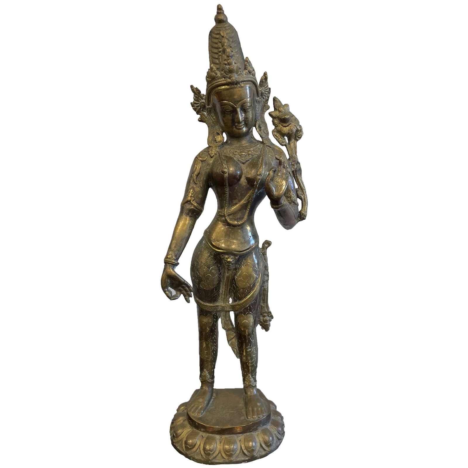 Tibetan Gilt Brass Bhumi Devi Sculpture: Description: Tibetan Gilt Brass Bhumi Devi Sculpture; Measurement approximate: 6.5"w x 16"h; Material: Gilt / Brass