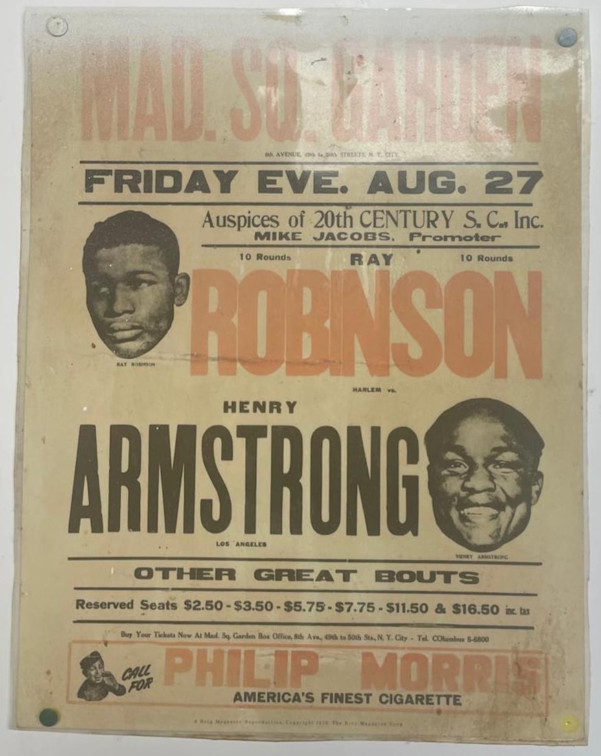 Vintage Mad. Sq. Garden Ray Robinson vs Henry Armstrong Boxing Sign/Flyer: Description: Vintage Mad. Sq. Garden Ray Robinson vs Henry Armstrong Boxing Sign/Flyer; Measurement Approximate: 14"h x 11"w; Material: