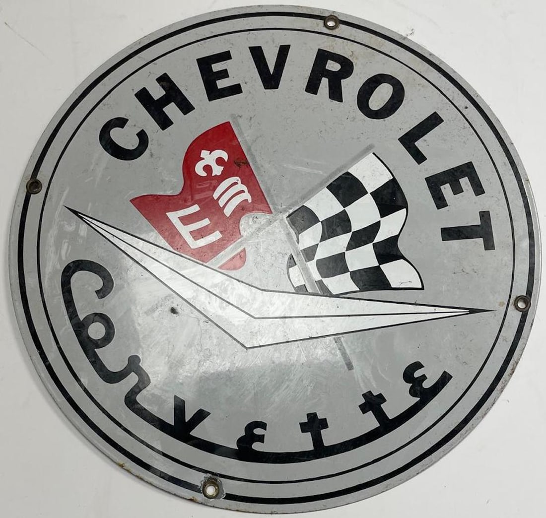 Chevrolet Corvette Metal Sign: Description: Chevrolet Corvette Metal Sign; Measurement Approximate: 11"d; Material: Metal