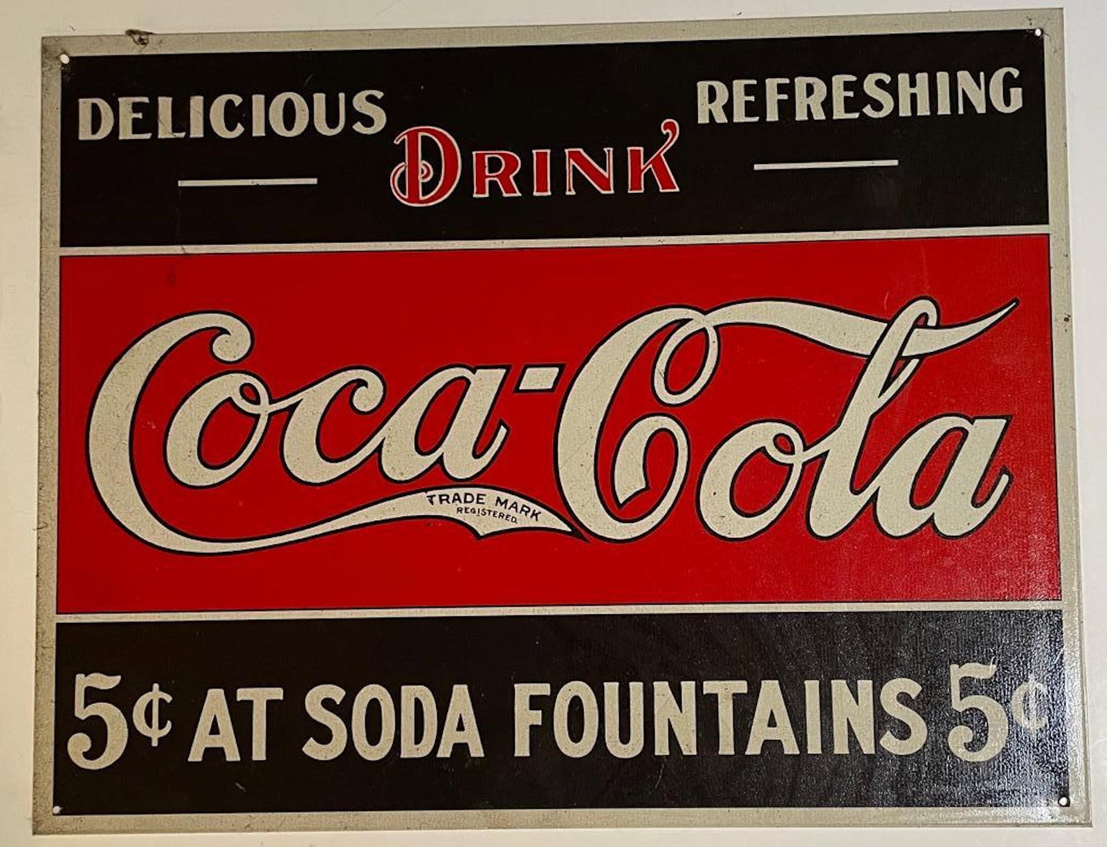 Vintage 5 Cent Coca-Cola Metal Sign: Description: Vintage 5 Cent Coca-Cola Metal Sign; Measurement Approximate: 12"h x 16"w; Material: Metal