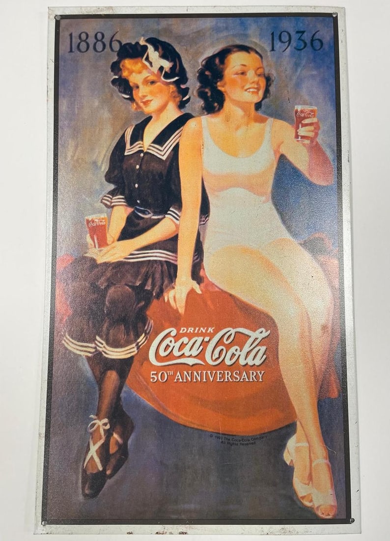 Drink Coca-Cola 50th Anniversary Metal Sign: Description: Drink Coca-Cola 50th Anniversary Metal Sign; Measurement Approximate: "h x "w; Material: