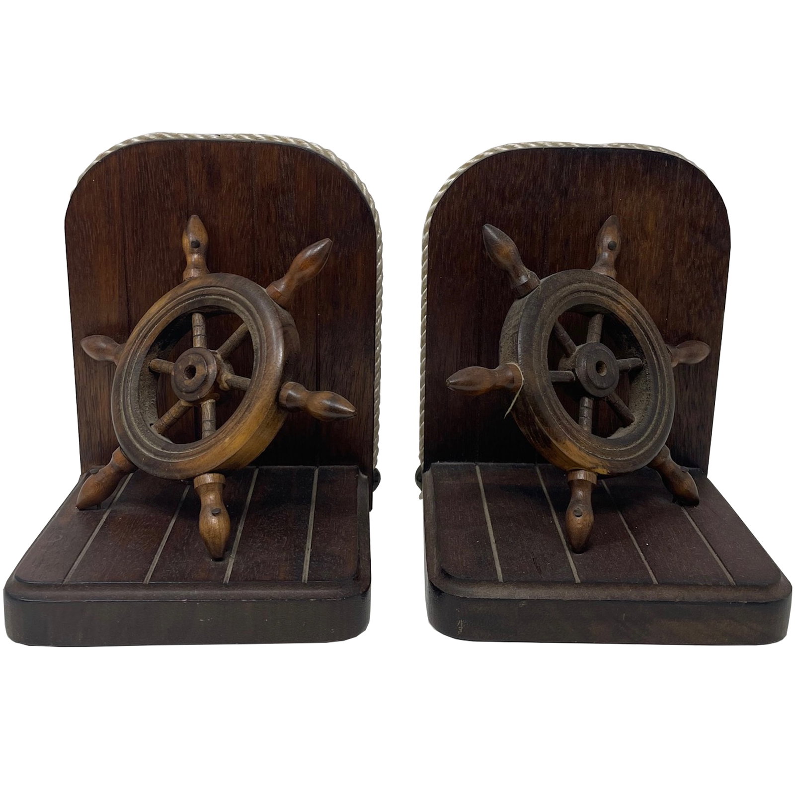 Twin Nautical Ship Steering Wheel Book Ends: Description: Twin Nautical Ship Steering Wheel Book Ends; Material: Wood; Measurements Approximate: