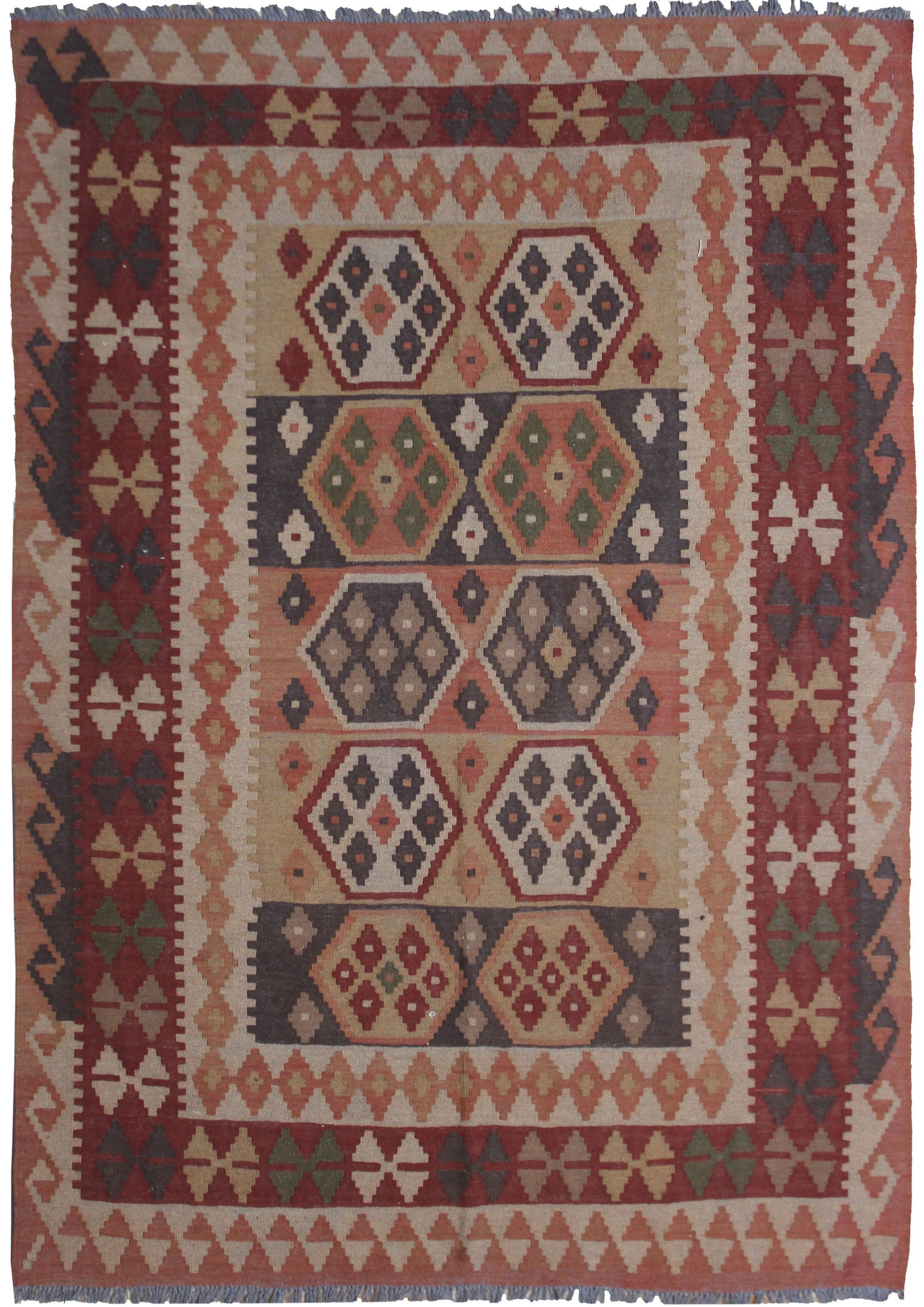 Hand Knotted Maimana Kilim. 4'11" X 6'5": A beautiful hand-knotted kilim made of 75% wool & 25% cotton, dyed with all natural dyes made from vegetable pigments. The outstanding design and very popular colors make this piece an eye-catching ex