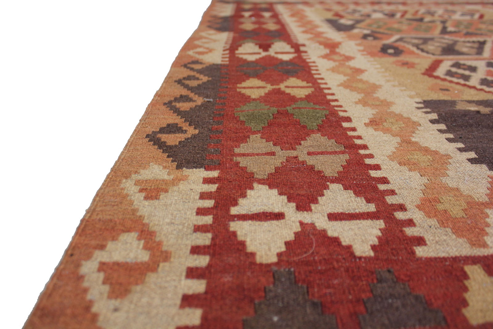 Hand Knotted Maimana Kilim. 4'11" X 6'5": A beautiful hand-knotted kilim made of 75% wool & 25% cotton, dyed with all natural dyes made from vegetable pigments. The outstanding design and very popular colors make this piece an eye-catching ex
