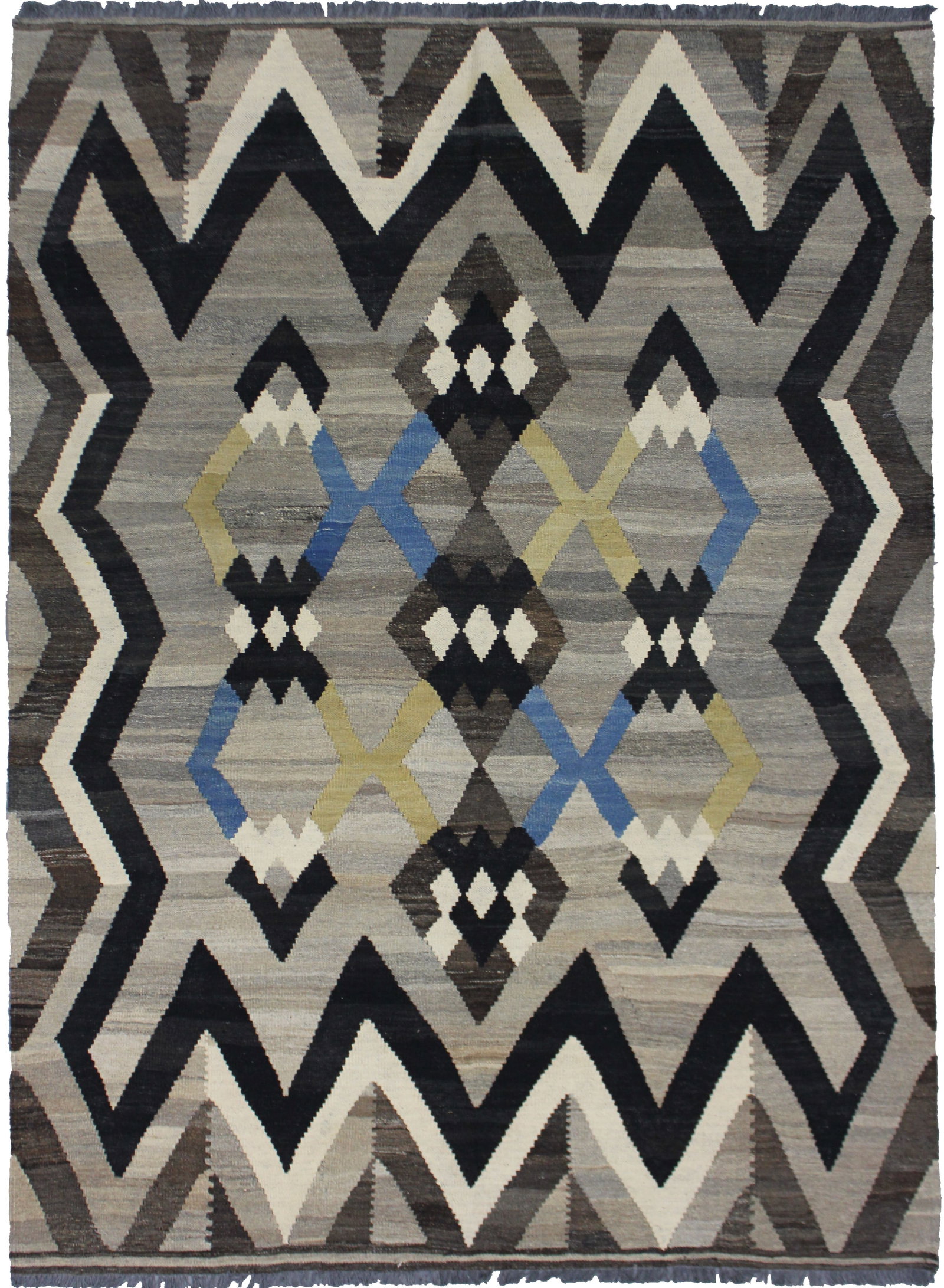 Handmade Wool kilim - 5' x 6'10": A beautiful hand knotted kilim, made of 75% wool & 25% cotton, dyed with all natural dyes made from vegetable pigments. The outstanding design and very popular colors make this piece an eye catching e