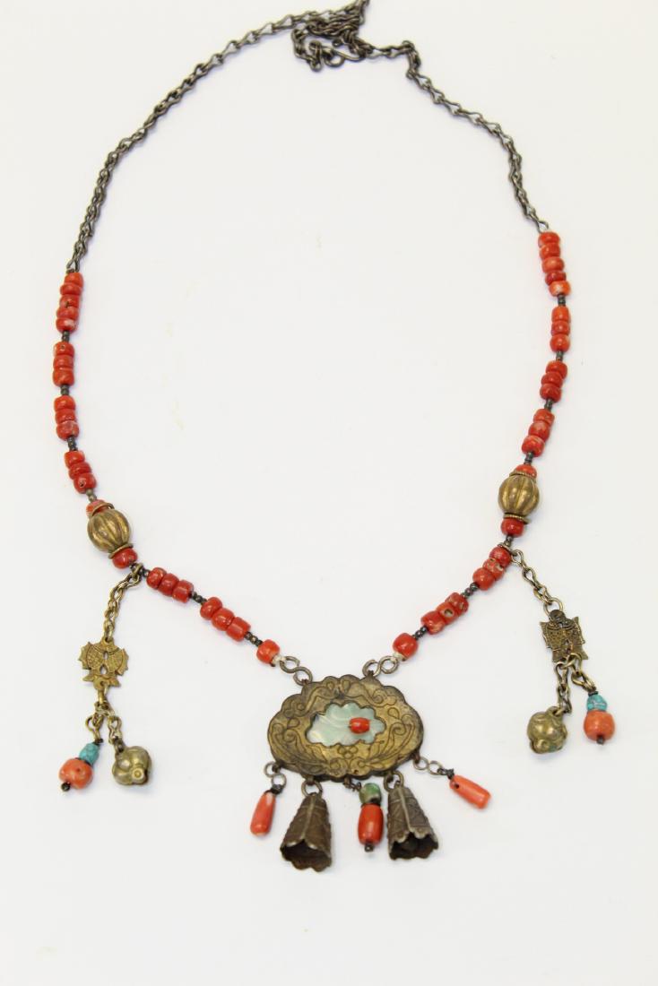 Chinese antique red coral, jadeite and silver necklace. (1 of 3)