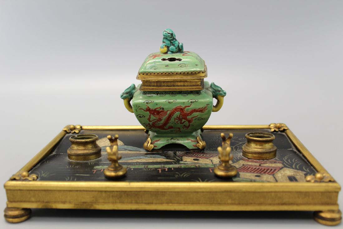 French inkwell with Chinese porcelain incense burner.: French inkwell with Chinese porcelain incense burner. Base size 22.5 X 14.5. Incense burner height 10 cm.