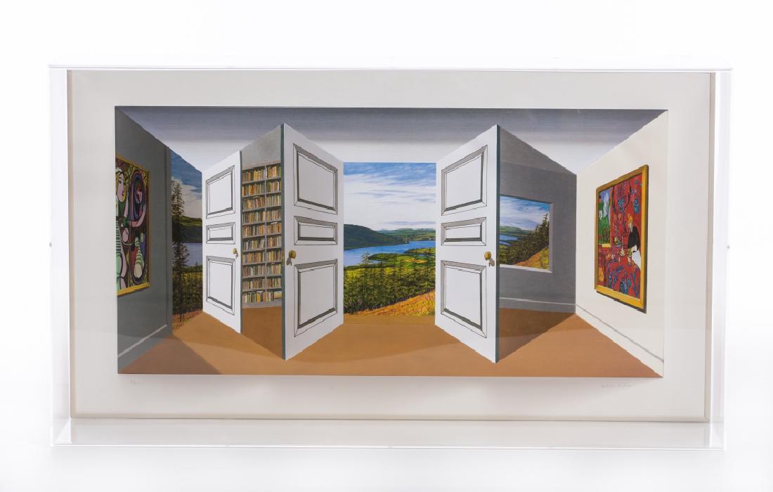 PATRICK HUGHES ORIGINAL WORK OF ART" DOUBLE DOOR": Patrick Hughes Original Work of Art Titled Double Door in Acrylic Case. No. 8/60. Measures approx. 7 1/4" x 18" x 37 5/8" overall.