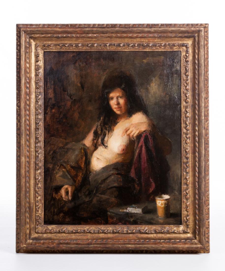 DAVID A. LEFFEL( AMERICAN B. 1931) "INTRLUDE" OPC: David A Leffel (american b.1931) "Interlude",Portrait of a semi nude woman Oil painting on canvas. signed and dated upper right. Measures approx 20" x 25" image size and 27 5/8" x 32 5/8" frame size.
