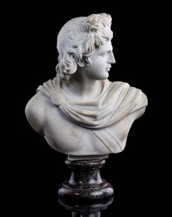 GALLERI ROMANELLI ITALIAN APOLLO MARBLE BUST: Galleri Romanelli Apollo marble Italian bust. Signed on back. Measures approx 20 1/2" h x 13 1/4" w.