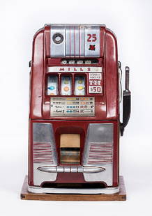 1920'S MILLS  25 CENT SLOT MACHINE: 1920'S Mills 25 cent slot machine. Measures approx 26 1/2" h x 16" l x 15 1/2" d.