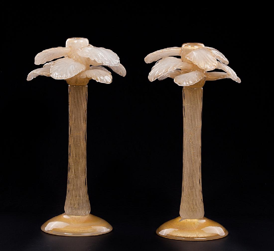 PAIR OF MURANO CENEDESE PALM TREE CANDLESTICKS (1 of 2)