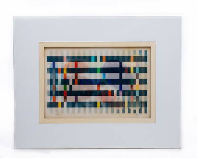 YAACOV AGAM (ISRAELI B.1928) KINETIC LITHO: Yaacov Agam (Israeli b.1928) kinetic lithograph signed lower right and numbered lower left 62/99. Measures approx 15 3/4" x 10 5/8" image size and 24 3/4" x 19 5/8" frame size.