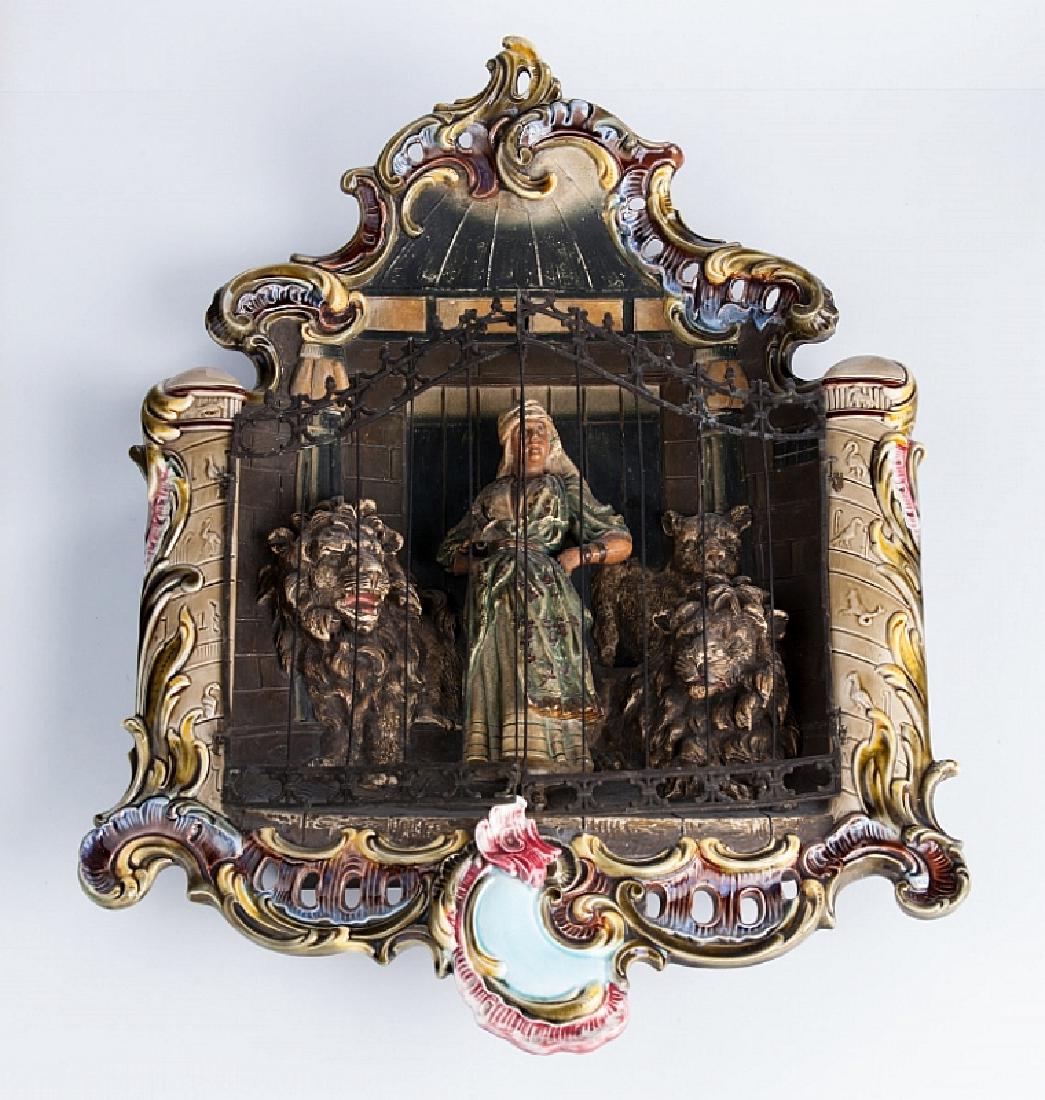 ANTIQUE MAJOLICA FIGURAL WALL PLAQUE (1 of 2)