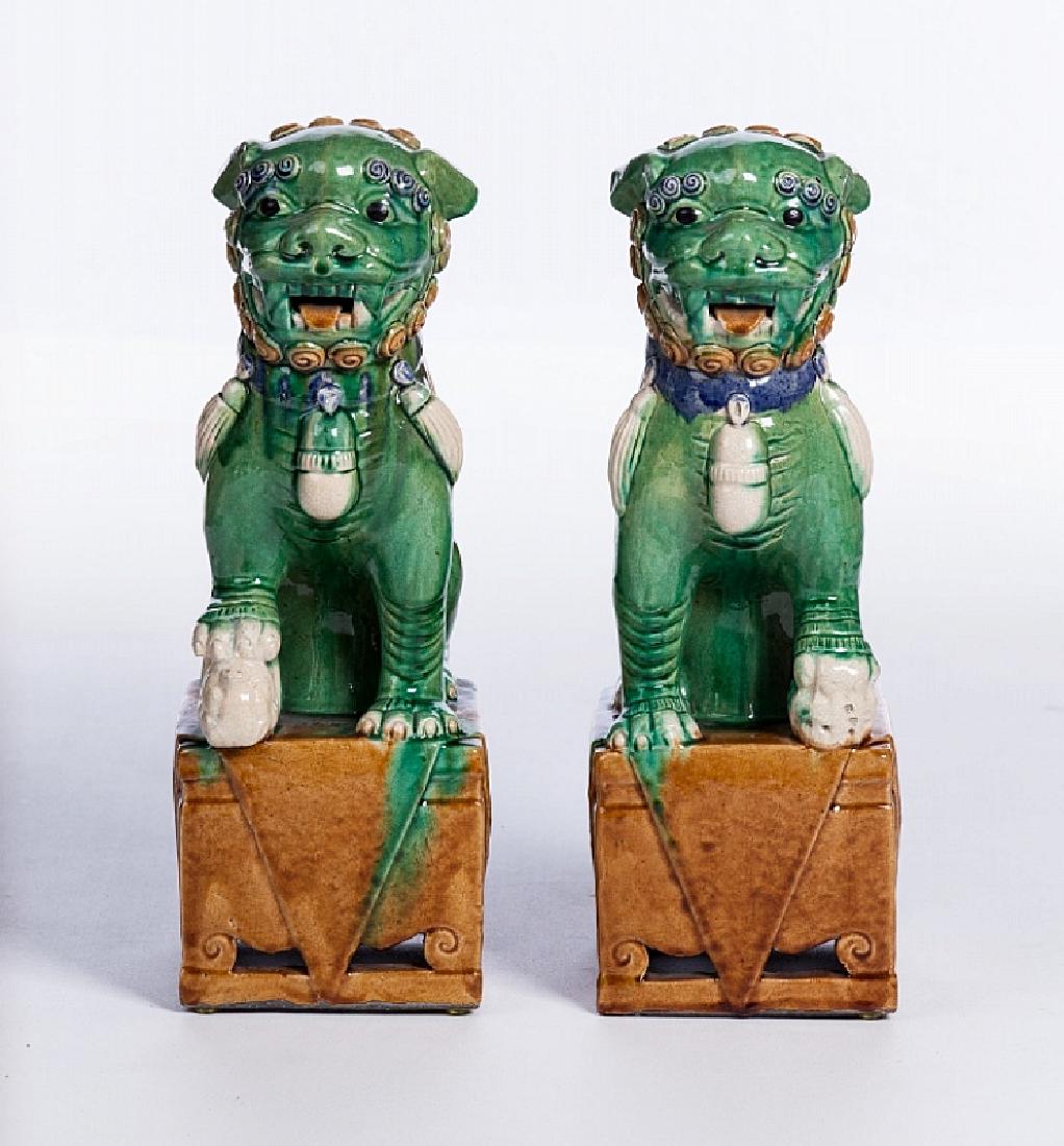 PAIR OF CHINESE CERAMIC  GREEN FOO DOGS ON STAND (1 of 3)