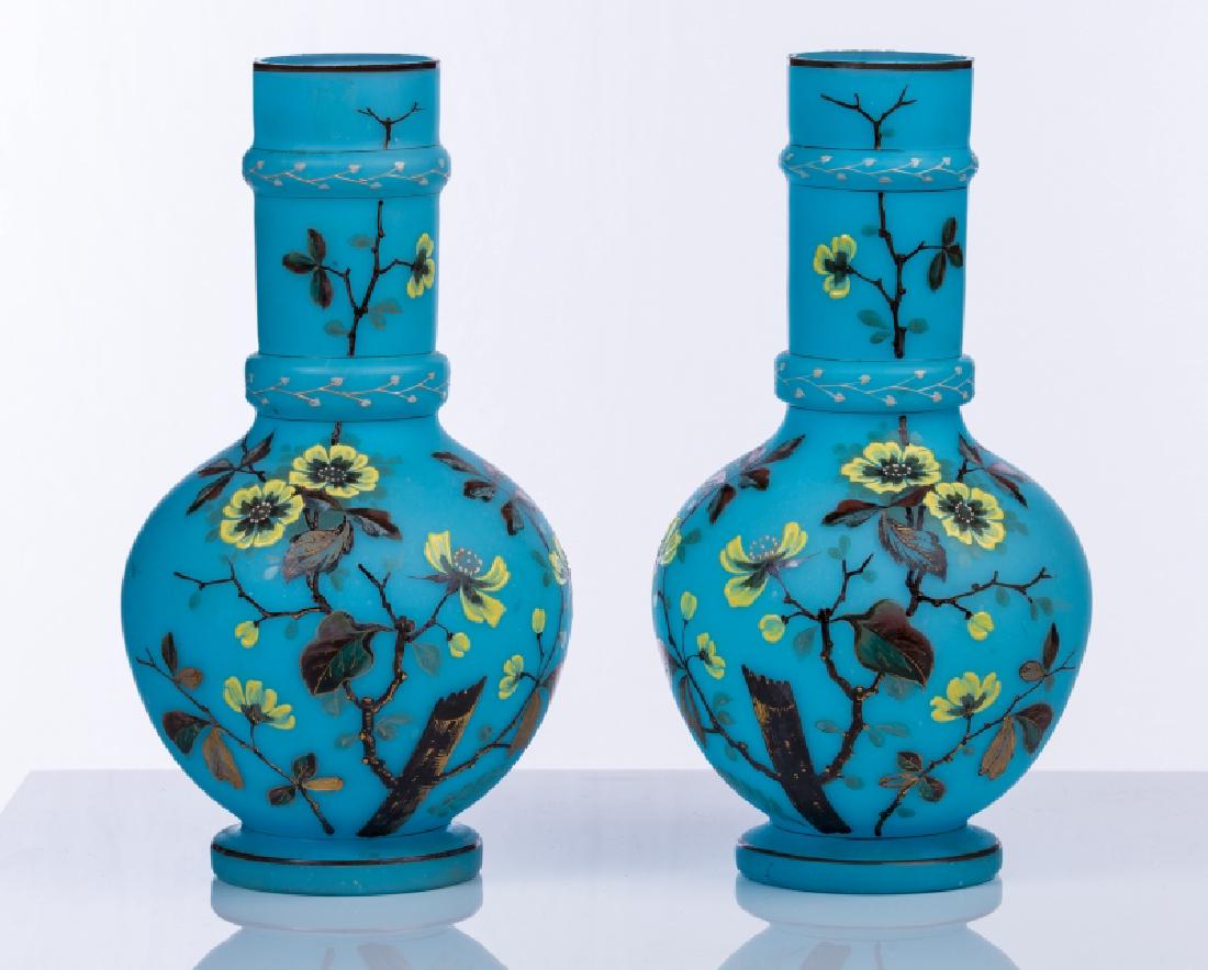PAIR OF BLUE OPALINE & ENAMEL VASES (1 of 3)