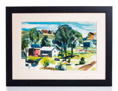 LEON WALL WATERCOLOR: Leon Wall - American 1919-1980 watercolor depicts street scene. Signed lower left. Measures approx 13 1/2" x 8 3/4" image size and 19 1/4" x 14 3/8" frame size.