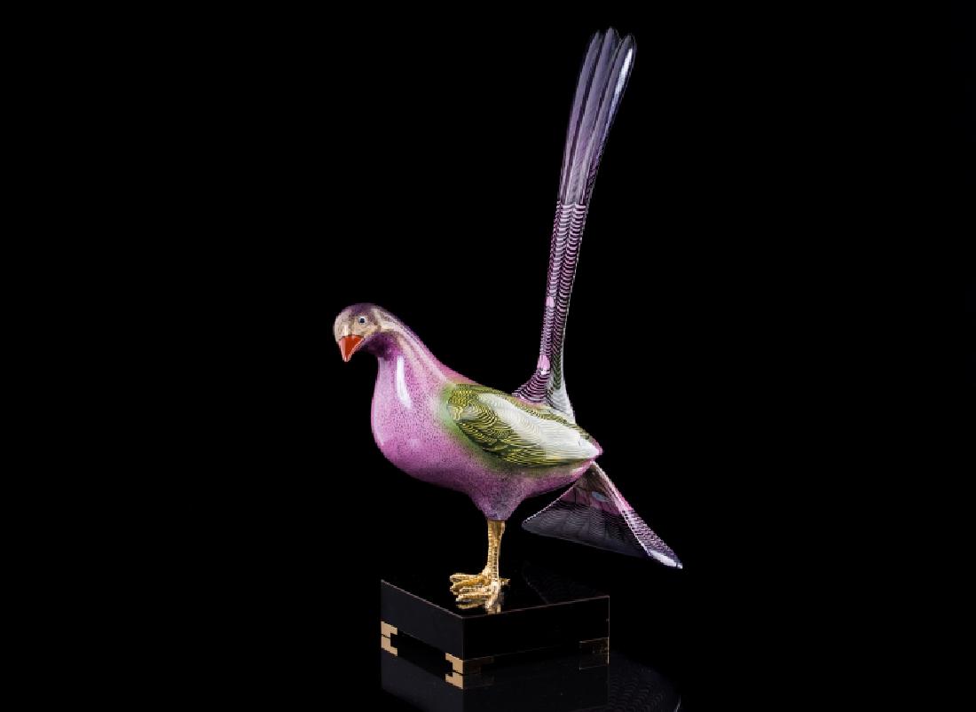 OGGETTI CLOISONNE BIRD FIGURE: Oggetti cloisonne bird figure. Signed under tail. Measures approx 17 1/2"H x 11" x 6 3/4" x 4 7/8".