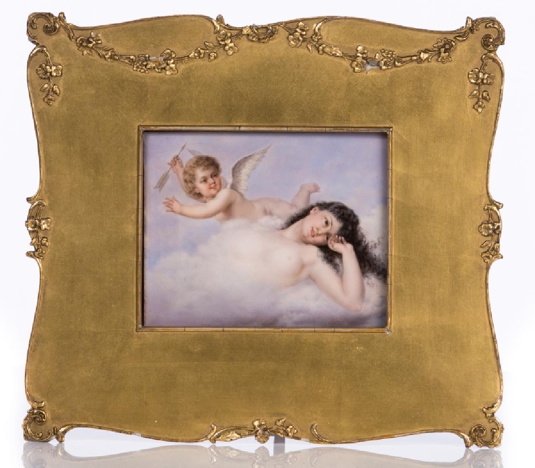 KPM HAND PAINTED PORCELAIN PLAQUE WOMAN W/ A CUPID: KPM hand painted porcelain plaque depicting a semi nude woman within the clouds and cupid with arrow in gilt frame embossed kpm marked on back of plaque and label on frame. Measures approx 5 5/8" x 4