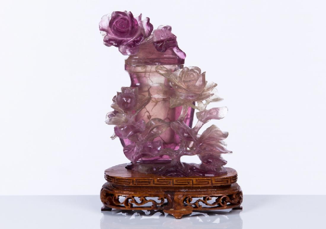 CHINESE AMETHYST CARVED INCENSE BURNER: Chinese amethyst carved incense burner on base. measures approx 7 3/4" h. (has chips)