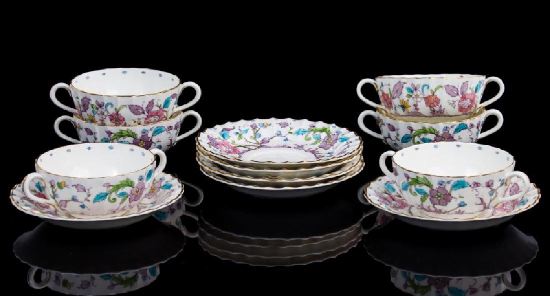 SET OF6 ROYAL WORCESTER KASMIR CREAM SOUP & SAUCER: set of 6 Royal Worcester Kasmir cream soup cup and saucers. Cream soup cups measures approx 2 1/8" x 6" handle to handle and saucer 6 1/4" diameter.