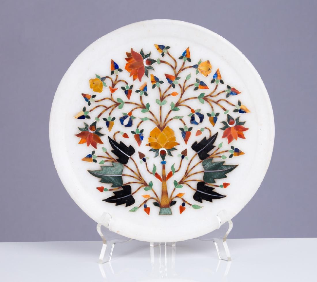 ALABASTER INLAID PIETRA DURA DISH: Alabaster inlaid pietra dura plate. Depicts flowers and branches in center. Measures approx 10 1/8" d.