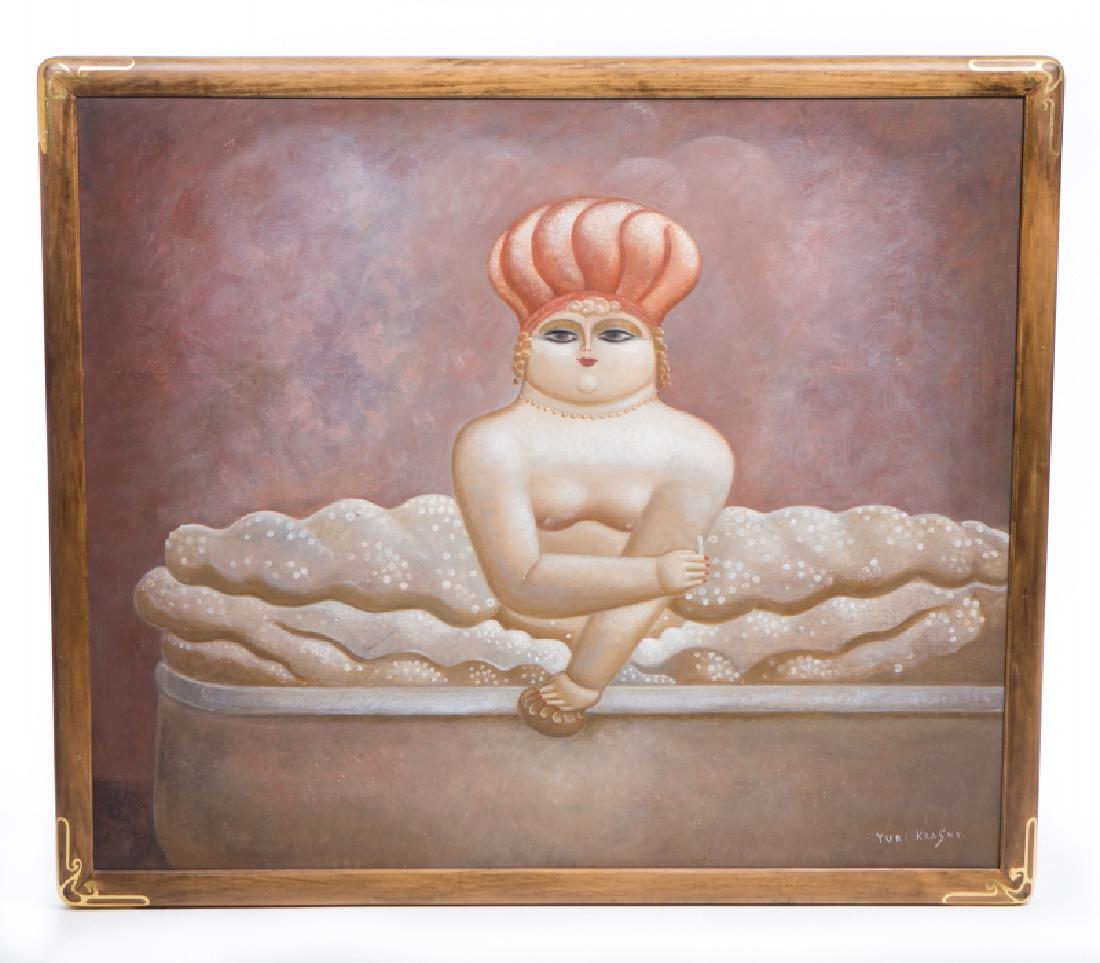 YURI KRASNY RUSSIAN OIL PAINTING ON CANVAS: Yuri Krasny (Russian) oil painting on canvas. Depicting a nude woman wearing only jewelry and a headpiece while sitting on a bed. Measures approx 52" x 44 1/2" image size and 55 3/4" x 48".