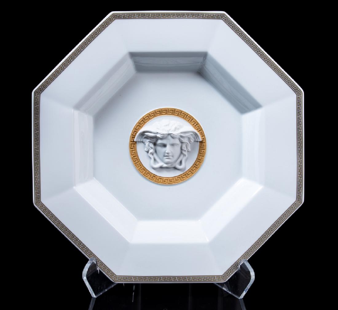 VERSACE GORGONA BOWL: Rosenthal Versace octogonal Gorgona bowl. Measures approx 14" diameter. Depicts raised Medusa head in center.